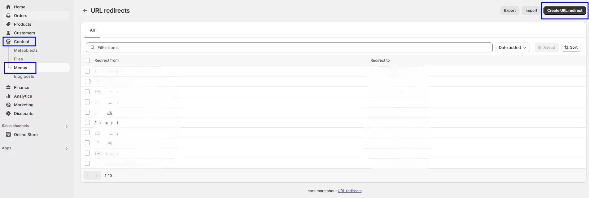 Shopify’s URL redirect settings Interface